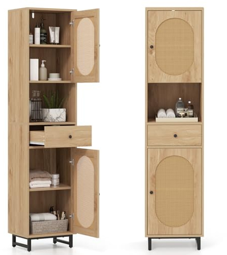 COSTWAY Bathroom Tall Cabinet, Freestanding Storage Cupboard with Rattan Doors, Open/Adjustable Shelves and Drawer, 170cm Tall Narrow Slim Bathroom Unit Floor Cabinet for Living Room Hallway (Natural)