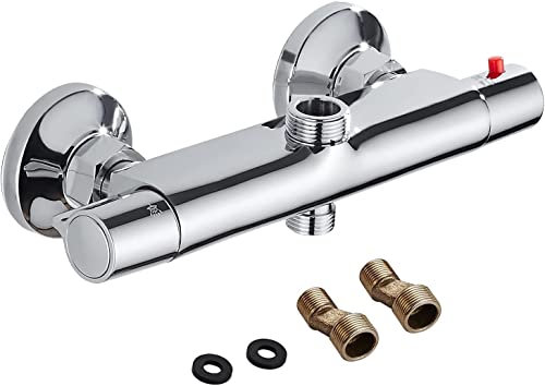 Grifo mezclador termostático de ducha moderno con 2 salidas de alta y baja presión, antiquemaduras, latón cromado, grifo mezclador para baño