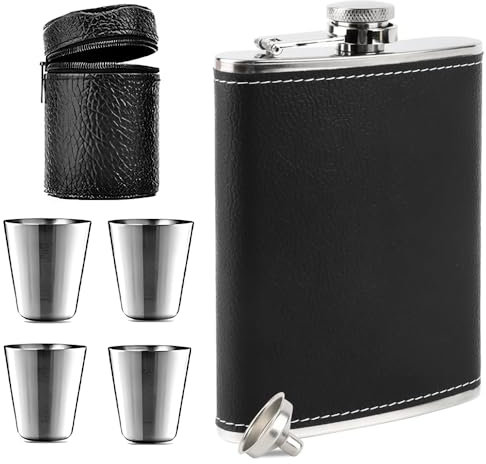 Flasque en acier inoxydable de 8 oz avec entonnoir et 4 petites tasses, convient pour porter de l'alcool, flasque de poche pour la randonnée et les fêtes (noir)