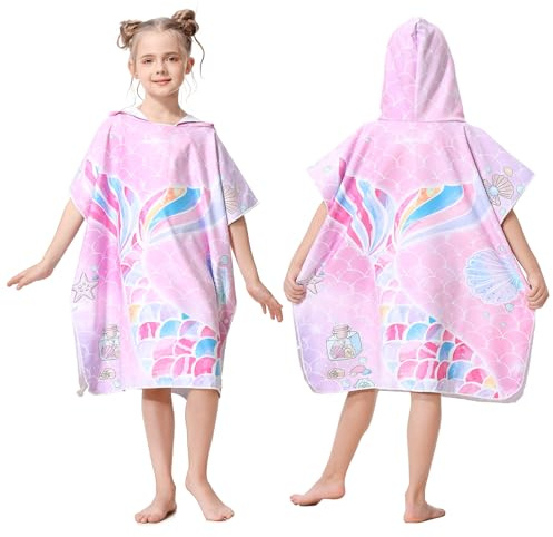 MOKANI Hooded Poncho Towels for Kids, Quick Dry Microfibre Bath Swim Beach Towels Changing Robe for Girls Boys, Warm Wrap Towelling Poncho for Bathroom Swimming Pool Travel(Kid's Height: 100-140CM)