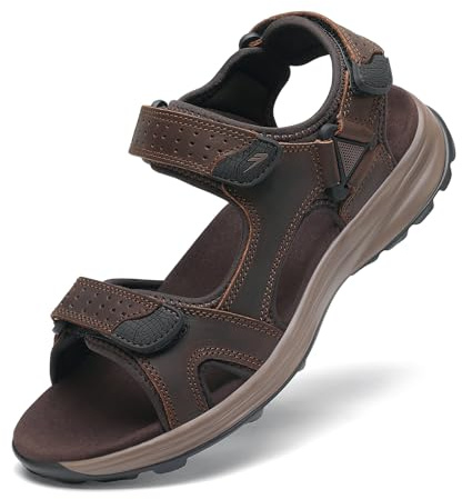 FLARUT Sandalias de los Hombres de Verano Zapatos de Senderismo Trekking Deportes al Aire Libre de Cuero Playa Dedo del Pie Abierto Deportivas Casuales(Marrón Oscuro,44)