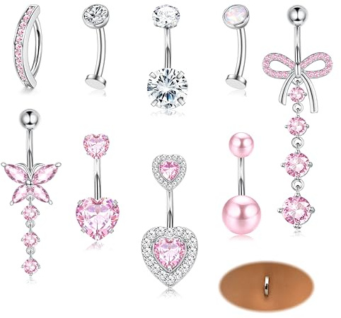 Adramata 10 st 14G navelpiercing kirurgiskt stål navelpiercing allergivänlig navelring, graviditetshalsband med CZ-strass, navelpiercingsmycken, guld, silver, rosa