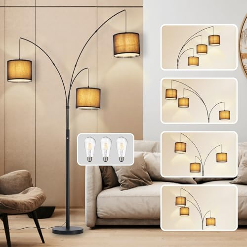 DINGLILIGHTING DLLT modern golvlampa för rum: 3 lampor träd golvlampor med svarta skärmar för vardagsrum – båge båglampa för sovrum – hög golvlampa för kontor hörn svart