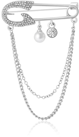 Fashion Safety Pin Brooch with Hanging Tassel Chains Charm Decorative Cubic Zirconia Crystal Pearl Collar Label Pins for Sweater Dress Skirt Tie Punk Accessories for Women Men Corsage Jewelry (Silver)