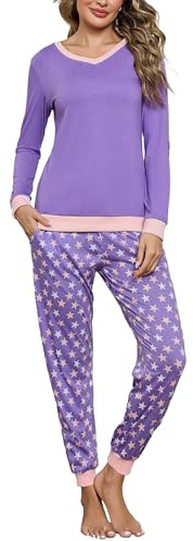Irdcomps Pigiama Donna Invernale Cotone Pigiami da Donna Invernali Lungo Set Due Pezzi Pigiama da Notte Leggero Sleepwear Viola L