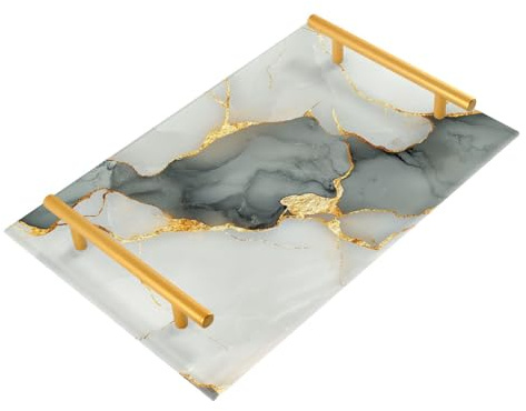 Bandejas rectangulares decorativas de mármol blanco y gris con asas, bandeja para sala de estar para joyas, perfumes, fiestas, servir charolas para desayuno