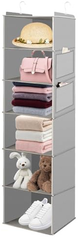 XCRPRT Hanging Storage with 6 Shelves Wardrobe Closet Organiser, Extra Deep Hanging Wardrobe Organizer, Hanging Closet Bag, Hanging Storage Organiser for Bedroom, Office, Pantry, Kitchen(Grey)