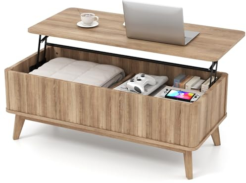 COSTWAY Lift Up Top Coffee Table, Rectangle Lifting Cocktail Center Table with Hidden Storage Compartments & Rubber Wood Legs, Accent Sofa Side Tea Tables for Living Room Office (Oak, 110x50x42/56cm)