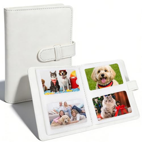 Small Photo Album 64 Pockets Vegan PU Leather Cover Picture Albums Portable Mini Slide-In Photos Album Book Wallet Size Photoalbum for Travel Wedding Memories Organizer(White)