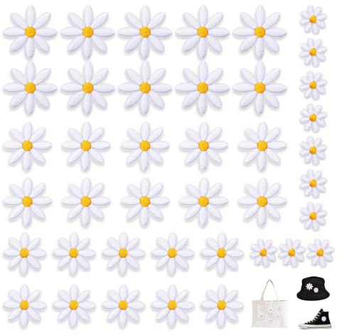 40 Piezas Parches Termoadhesivos de Margaritas,Parches Bordados para Ropa Flores,HMCEY Pegatinas Plancha Ropa para Coser,Parche Tela Adhesivo para Planchar para Chaquetas, Abrigos, Jeans - 4 Tamaños