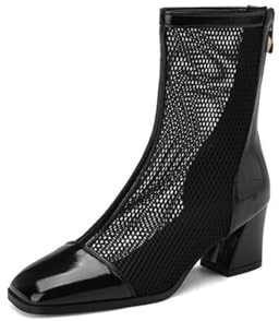 Genérico Botines Cortos para Mujer con Tacón Medio En Bloque | Zapatos De Vestir De Malla De Charol Con Cierre Trasero, Punta Cuadrada Botines De Verano