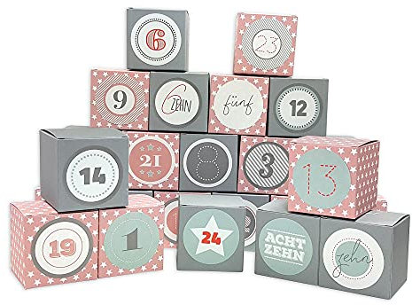 Frau WUNDERVoll® DIY Adventskalender Vorfreude zum Befüllen, Faltschachteln 12x rosa weiße Sterne,12x grau 7x7x7cm(gefaltet),XL Ziffern pastell/Weihnachten, Würfelbox, Faltverpackung, Schachteln