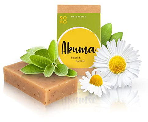 SOHO Naturkosmetik Duschseife Akuma • Festes Duschgel mit Kamille & Salbei • Vegane Seife für Körper & Hände (95g)