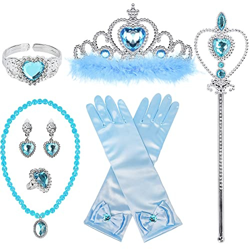 Princess Dress Up Accessories Princess Gloves, BIBUTY 7pcs Dress Up Set for Toddler Girls with Princess Crown, Wand, Gloves, Necklace, Earrings, Bracelet and Ring, Costume Toys for 3-6 yr Little Girls