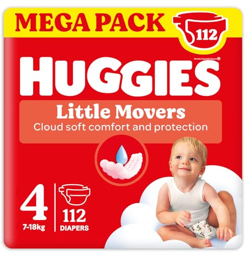 Huggies Little Movers, Pannolini Taglia 4 (7-18 Kg), Design Disney, Ultra assorbente, Pacco Scorta, 112 Pz