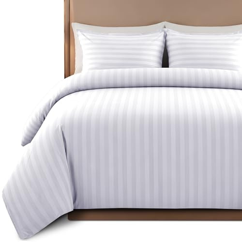 Hafaa Double Duvet set Satin Stripe with 2 Pillowcases White | Microfiber Bedding Quilt Cover Set Soft Breathable Comfort - Hypoallergenic - Button Closure - Ideal for Home and Hotels