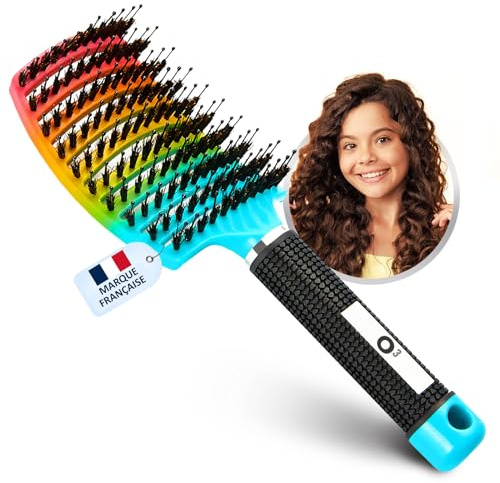 O³ Brosse Poil de Sanglier ARC-EN-CIEL BLEU – Brosse à Cheveux en Poils de Sanglier 100% Naturels – Démêle tout type de Cheveux et Sans Douleur !