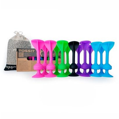 TOSSIT Spiel Saugnapf Darts, Indoor Outdoor Drinnen Draußen, Boccia, Petanque, Wurfspiel, Nachhaltig langlebig Silikon, Boden oder Wand, Family Pack, Rosa Blau Violett Grün