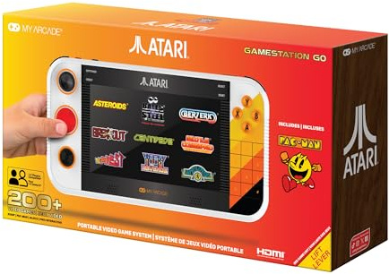 My Arcade Atari Gamestation Go: Rechargeable Battery, Over 200+ Preloaded Retro Video Games Including Pac-Man, Atari: Recharged, & Balls of Steel, Wifi,Smartglow, 7 inch Display,