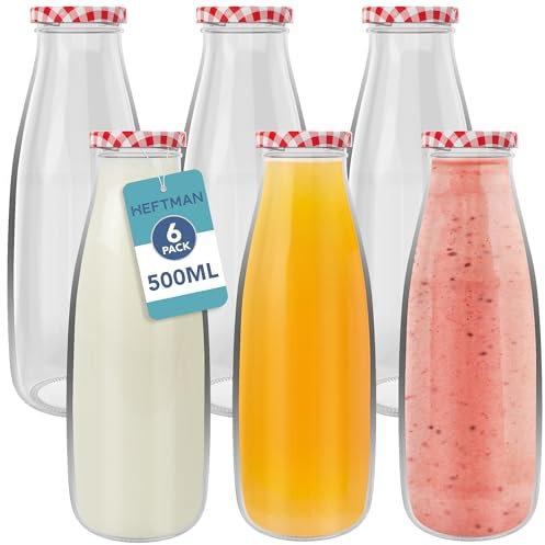 HEFTMAN Botellas de leche de vidrio con tapas, vacías de 500 ml, juego de 6 botellas de leche de vidrio herméticas con tapas de cuadros rojos para bebidas, HM3301