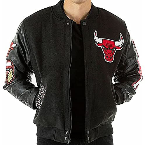 Suiting Style Chicago Basketball - Chaqueta bomber de lana negra con cuero y piel sintética, chaqueta Bulls Varsity Letterman para hombre, Negro, S