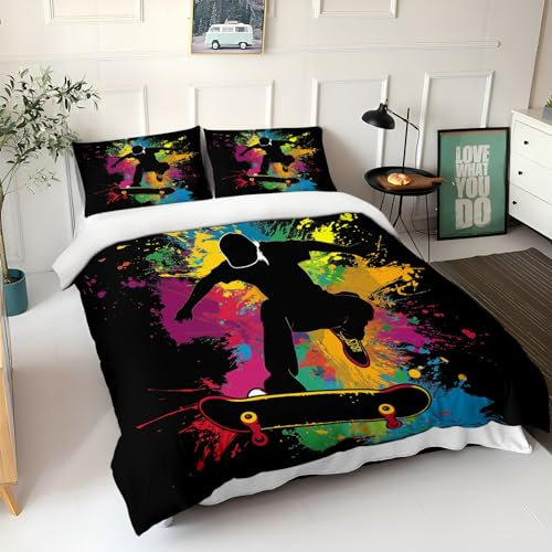 Bettwäsche 3teilig Bettbezug, Bemalter Skateboarder Bettbezug 135x200 cm Mikrofaser mit Kopfkissenbezug mit Reißverschluss 80x80cm*2 Schwarz
