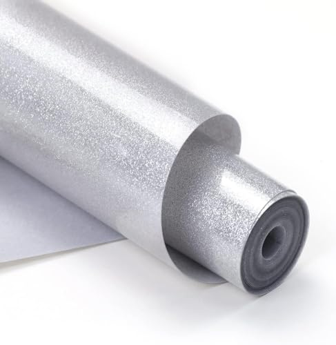 HTVRONT Silver Glitter HTV Vinyl- 10” x 5ft Silver Glitter Iron On Vinyl for All Cutting Machine, Glitter Heat Transfer Vinyl Roll for T Shirts - Easy to Cut & Weed for Heat Vinyl Design