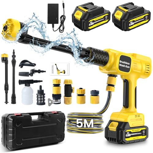 Professional Cordless High Pressure Washer Portable with 2 x 4000mAh Batteries,Jet Hawk - Max 28 Bar with 6 in 1 Spray Nozzles, 5m Hose, Soap Dispenser Bottle for Patio Cleaning and Car Washing