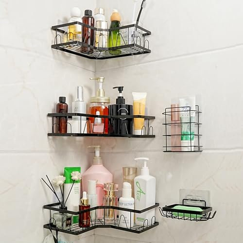 KOOSREEL 5 ripiani doccia senza foratura, angolo doccia per stanza, supporto shampoo, mensola doccia con gancio, supporto per doccia autoadesivo, nero