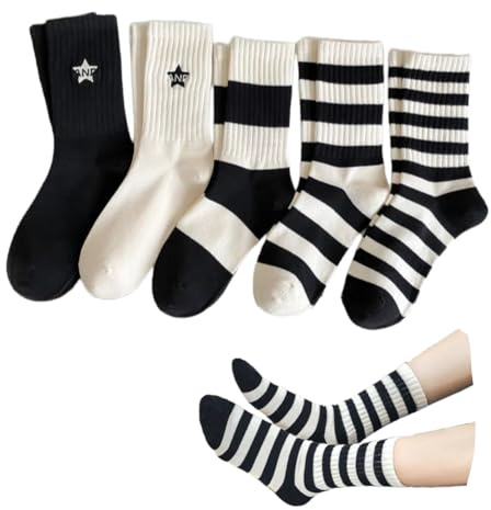 LONGSILVER Striped Socks Black And White Star Embroidery High Ankle Women Cotton 5 Pairs Casual Crew Socks (Stripe_5Pcs)