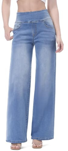 Chasehot Jean Femme,Taille Haute Coupe Droite Straight Jeans,Mode Baggy Jambes Jean,Large Pantalon Femme,Taille Elastique Jean avec 4 Poches,Bleu Moyen-XXL-29
