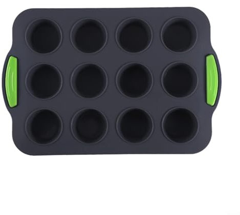 Fauhapyway 12 moldes de silicona para magdalenas con agujeros redondos para hornear magdalenas, bandeja antiadherente para hornear, bocados de huevo de cocina, tartas (gris A)