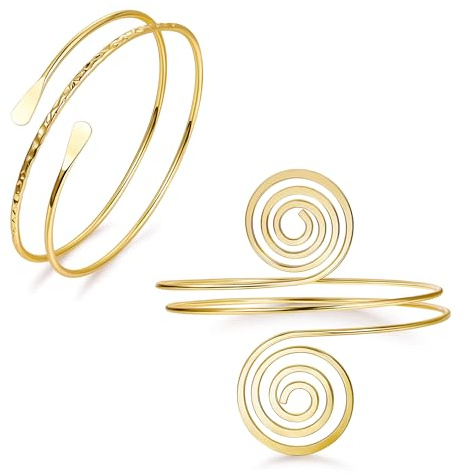 AFSITNIG 2Pcs Gold Arm Cuffs Jewelry for Women Minimalist Upper Arm Cuff Bangle Band Armlet Adjustable Arm Cuff Bracelet Set