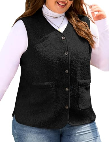 Yuson Girl Gilet Femme sans Manche Grande Taille Manteau en Polaire Hiver Chaude Fourrure Bouton Veste Chic Chaud Waistcoat Court Elegant Gilets Sherpa Molleton Vestes avec Poches(Noir, XXL)