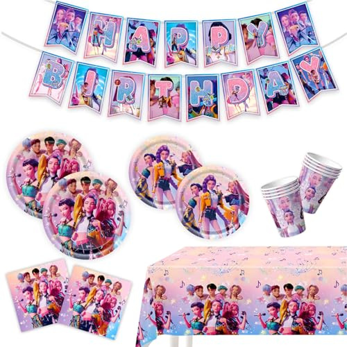 Kpop Dem_on Hu_nters - Set di 52 pezzi per decorazione di compleanno, set di stoviglie per feste, banner allegri, piatti, tazza, tovaglioli di carta, tovaglie, decorazioni per feste, riutilizzabili