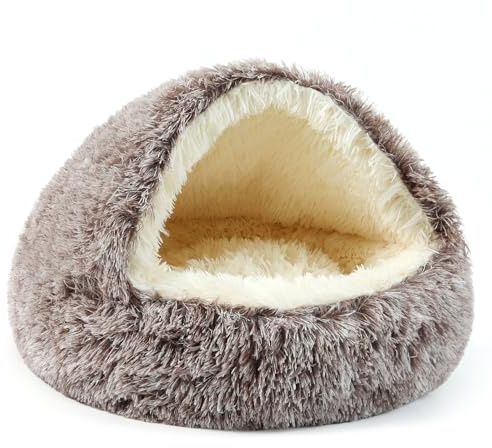 Belababy Calming Dog Bed, Fluffy Dog Cave Bed Small Medium with Upgraded Support Hood, Non-Slip Warm Donut Cat Beds for Indoor Cats (70CM, Gradient Brown)