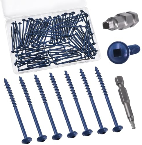 Swpeet 100pcs # 8 × 2-1/2 fickhål skruvar med 1pc Drive Bit assortiment kit, grov tråd trä skruvar, självtappande, kvadratisk driv, blå belagda fickhål