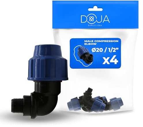 DOJA Barcelona Codo Compresion Macho PP 90º - Pack 4-20x1/2 - Unión Tubería Polietileno MDPE, Conector Roscado Estanco, Fácil Instalación, Resistente, Ideal Riego Jardín y Sistemas Agua