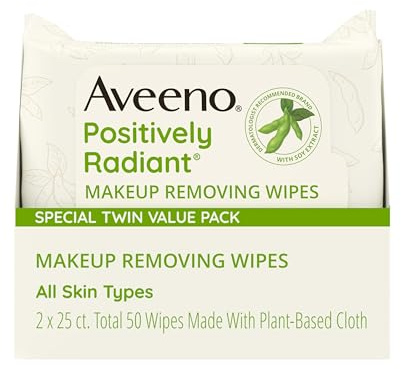 Aveeno Positively Radiant Makeup Remover Wipes, Oil Free, Alcohol Free, Non-Comedogenic Facial Cleansing Wipes, Gentle Face Wipes for Sensitive Skin, Travel Makeup Wipes, Twin Pack, 2 x 25 Ct