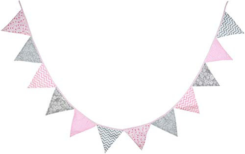 Oblique Unique® Bunte Wimpel Girlande Baumwolle Wimpelkette Doppelseitig Farbenfroh Drinnen & Draußen - Motiv wählbar (Rosa-Grau)