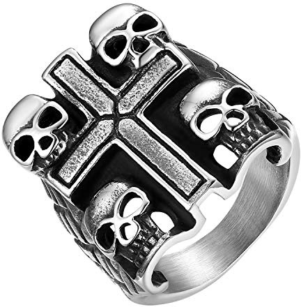 JewelryWe Anillo Calavera Cruz Hombre: Anillo Bully Estilo Punk para Caballero Acero Inoxidable Hipoalergénico - Para Uso Diario Ocio Cosplay Regalos