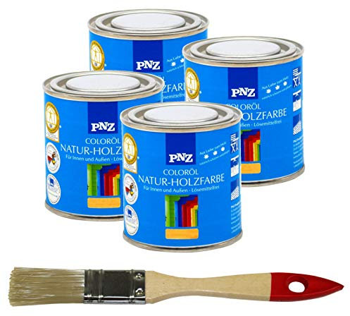 PNZ Coloröl Natur-Holzfarbe Holzanstrich auf Ölbasis für Fenster Gartenhäuser Möbel Kork inkl. Pinsel (4x 0,25L, bambusgelb/limba)