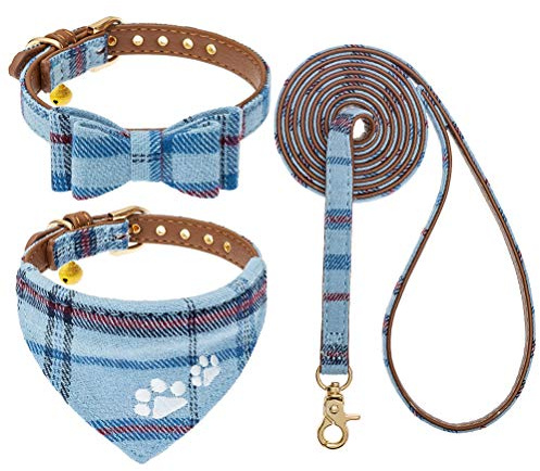 EXPAWLORER Dog Collar and Lead Set - Classic Plaid Bow Tie and Embroidery Pawprint Bandana Dog Collar with Bell, No Tangle Lead, Adjustable Pet Collars for Cats Puppy Small Medium Dogs, Blue S