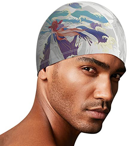 ITODA Badekappe Unisex Bademütze Groß Schwimmkappe rutschfest Schwimmmütze Ohrenschutz Schwimmhaube Modern Duschkappe Elastisch Badehaube Fischmuster Swimming Cap für Langes/Kurzes Haar Damen Herren