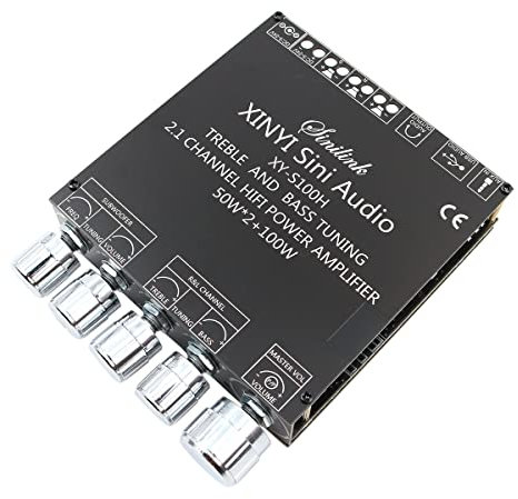Hsthe Sea Bluetooth Subwoofer Amplifier Board Hifi Stereo 2.1 with Treble and Bass Control Regulation 50WX2+100W DC 12V-24V Audio Power