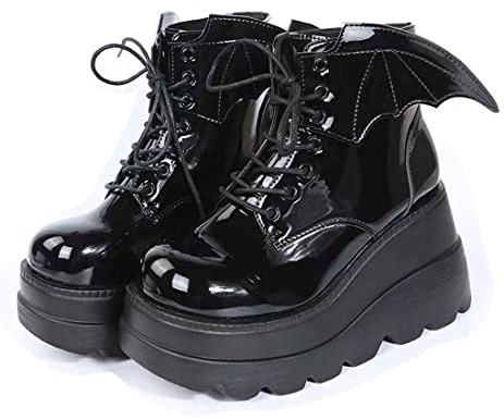 Ulalaza Dark Bat Wing Botines para mujer Cuña gruesa con plataforma Sassy Bota Punta redonda Cordones Cremallera lateral Tacón alto Mujer Bota Tejido elástico suave agradable al tacto