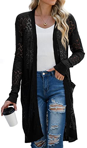 GRECERELLE Cárdigan de verano para mujer, estilo casual, de manga larga, para vacaciones, suelto, largo, para cubrir bikini, kimono para mujer, L01 Negro, XL