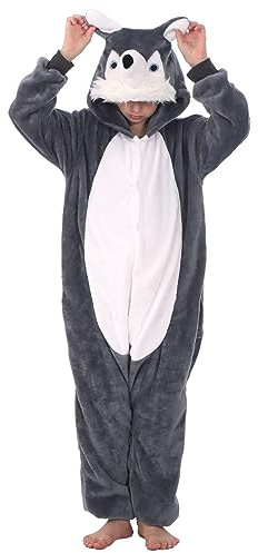 LOBUJOU Animal Hooded Costume for Kids Boys Girls Flannel Onesie Halloween Cosplay One Piece Husky 140