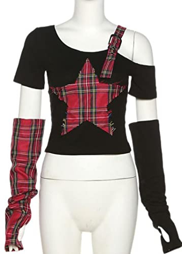 WEITING Camiseta a Cuadros de Estrellas de Verano Panel de Mujer Top Recortado Moda Fuera del Hombro Camiseta de Manga-1,S