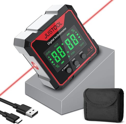 JUSTOOL Inclinómetro digital 4 * 90 con Pantalla LED-Nivel digital 4 lados magnéticos-Transportador láser electrónico Recargable-IP54 Impermeable para Carpintería,Construcción etc